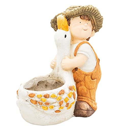 Wichtelstube-Kollektion XL Gartenfigur Dekofigur Martin mit Gans als Blumentopf Gartendeko Figuren für draußen ca. 40 cm groß Outdoor Gartendekoration von Wichtelstube-Kollektion