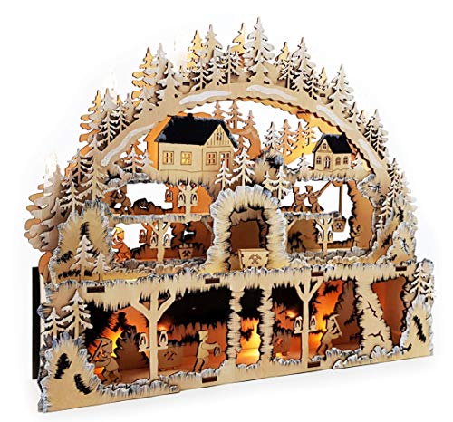 Wichtelstube-Kollektion XL Holzkunst LED Schwibbogen Bergwerk im Erzgebirge Lichterbogen Schwippbogen Weihnachtsdeko Fenster Holz, Batteriebetrieben inkl. Timer, 49cm Breite von Wichtelstube-Kollektion