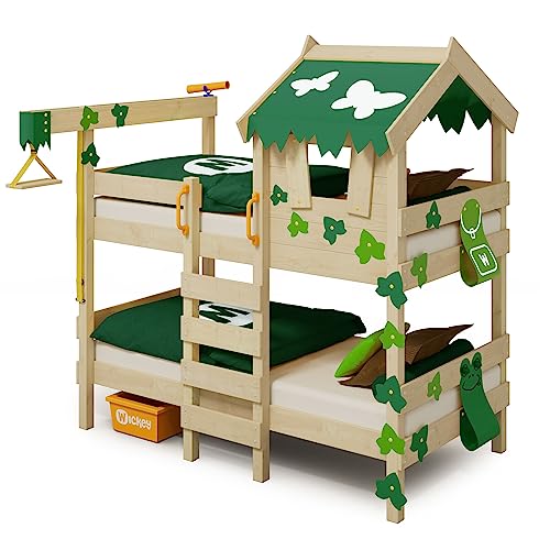 Wickey Etagenbett Crazy Ivy Spielbett für 2 Kinder Hochbett aus Massivholz mit Dach, Kletterleiter Lattenboden & Spielzeugzubehör, Plane - grün/apfelgrün, 90x200 von Wickey