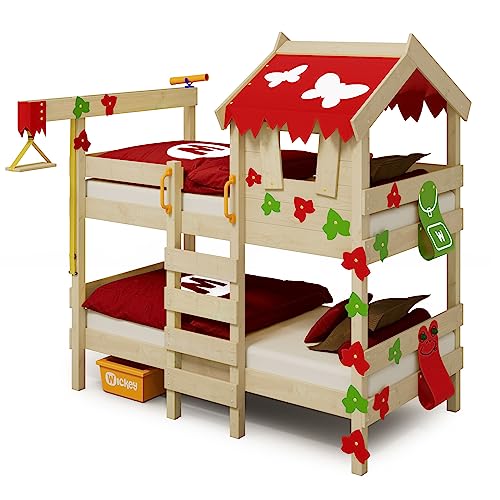 Wickey Etagenbett Crazy Ivy Spielbett für 2 Kinder Hochbett aus Massivholz mit Dach, Kletterleiter Lattenboden & Spielzeugzubehör, Plane - rot/apfelgrün, 90x200 von Wickey