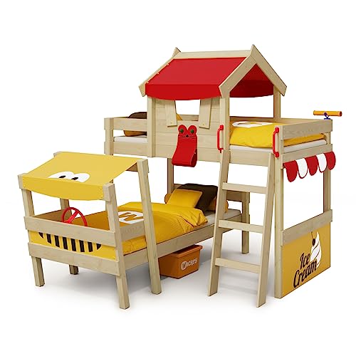 Wickey Kinderbett Etagenbett Crazy Trunky aus Massivholz - rot/gelbe Plane Hausbett, 90 x 200 cm Hochbett mit Spielzeugzubehör für Kinder - individuell Gestaltbar von Wickey