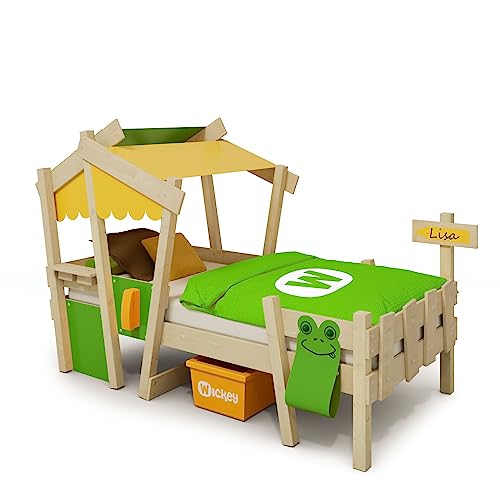 Wickey Kinderbett Hausbett Crazy Candy - gelb/apfelgrüne Plane 90 x 200 cm - Holzbett aus Massivholz mit Spielzeugzubehör für Kinder von Wickey