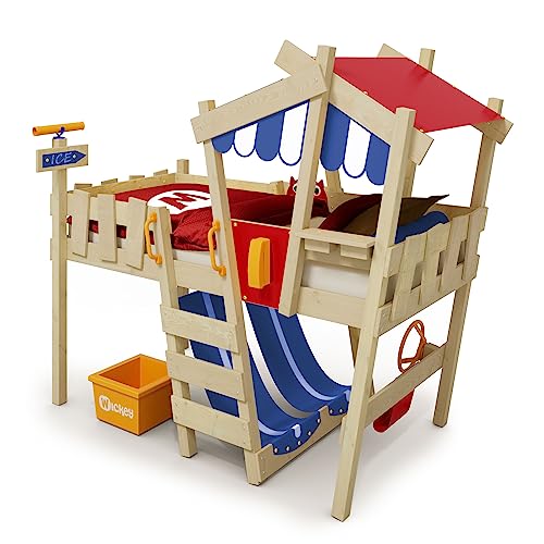 Wickey Kinderbett, Hochbett Crazy Hutty aus Massivholz & weiterem Spielzeugzubehör 90 x 200 cm – Plane rot/blau - Hausbett für Kinder - individuell Gestaltbar von Wickey