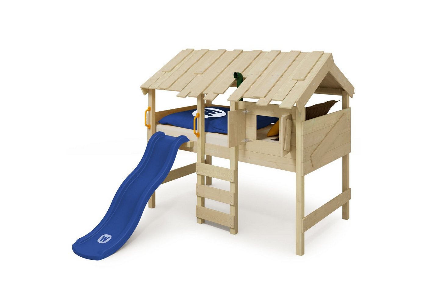Wickey Kinderbett CrAzY Lagoon - Spielbett mit Rutsche 90 x 200 cm, Etagenbett (Holzpaket aus Pfosten und Brettern, Spielhochbett für Kinder), Massivholzbrett von Wickey