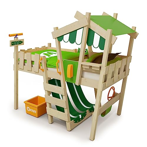 Wickey Kinderbett, Hochbett Crazy Hutty aus Massivholz & weiterem Spielzeugzubehör 90 x 200 cm – Plane grün/apfelgrün - Hausbett für Kinder - individuell Gestaltbar von Wickey