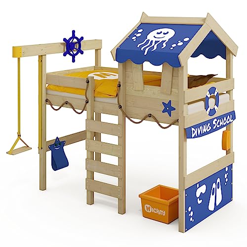 Wickey Kinderbett Hochbett Crazy Jelly - Hausbett mit Blauer Plane 90 x 200 cm, Etagenbett aus Massivholz mit Spielzeugzubehör für Kinder - individuell Gestaltbar von Wickey