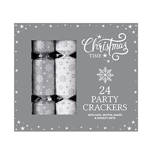 Widdle Gifts Ltd 24 Packung Weihnachten Party Knacker 23cm - Weiß/Silber Schneeflocken 5017 von Widdle Gifts Ltd