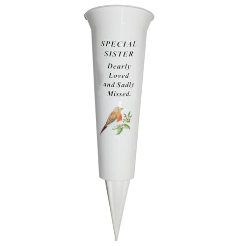 Grab-Blumentopf, 33 cm hoch, stabile weiße Grabvase mit Spieß und Rotkehlchenbild (Sister 8774) von Widdle Gifts