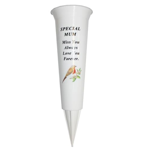 Grab-Blumentopf, 33 cm hoch, stabile weiße Grabvase mit Spieß und Rotkehlchenbild (Special Mum 8712) von Widdle Gifts