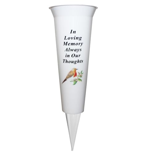 Grab-Blumentopf, 33 cm hoch, stabile weiße Grabvase mit Spieß und Rotkehlchenbild (in Loving Memory) von Widdle Gifts