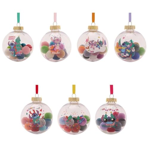 Disney Stitch Christbaumkugeln zum Aufhängen, 8 cm, mit Pompons, 7 Stück, mit Geschenkbox von Widdop and Co