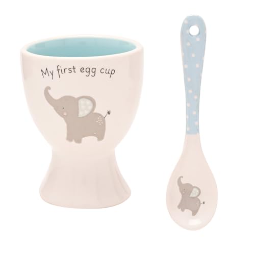 Hello Baby 2-teiliges Eierbecher & Löffel Set - Blau - Keramik Baby Eierbecher mit Elefant Design - Perfektes erstes Eierbecher Geschenk von Widdop and Co