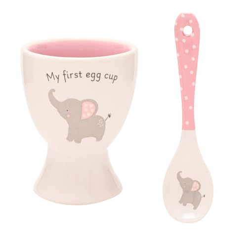 Hello Baby 2-teiliges Eierbecher & Löffel Set - Rosa - Keramik Baby Eierbecher mit Elefant Design - Perfektes erstes Eierbecher Geschenk von Widdop and Co