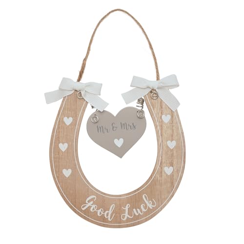 Hochzeits-Hufeisen-Geschenk – "Viel Glück" mit "Mr & Mrs" Hänge-Liebesherz – Holzhufeisen-Geschenk, verziert mit Herzen und Schleifenbändern von Widdop and Co