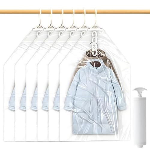 Vakuumbeutel zum Aufhängen,WideSmart 6 Stück 110×70CM Vakuumierbeutel mit Handpumpe,transparenter und wiederverwendbarer Schrank,platzsparende Vakuumbeutel für Kleider, Anzüge, Mäntel, Jacken von WideSmart