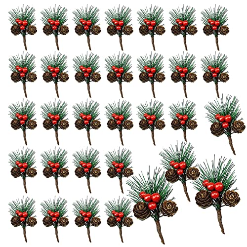 WideSmart 32 Stück Kleine künstliche Tannenzweige, Weihnachtsbeeren Tannenzweige Künstliche Kiefernzweige Beerenzweige Tannenzapfen für Weihnachtsblumen Kränze Urlaubsdekorationen DIY Handwerk von WideSmart