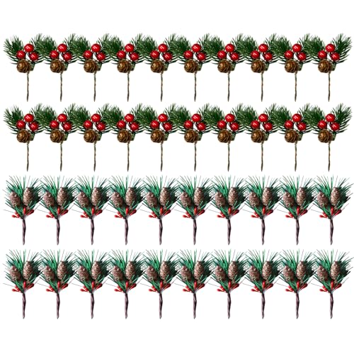 WideSmart 40 Stück Kleine Künstliche Tannenzweige,Beerenzweig mit Beeren und Tannenzapfen Beeren Weihnachten Rote Beeren Deko Weihnachtsdekoration Weihnachtsdeko Adventsdeko Basteln Advent Tischdeko von WideSmart