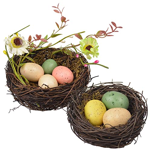 WideSmart Ostern Bird Nest,2 Stück Vogelnest Deko -Vogelnest mit Eiern Osternest Naturnest Deko Nest Frühling Zweige Rattan Nest Handgefertigtes Künstliches Vogelnest Fotorequisiten Gartendekoration von WideSmart