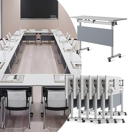 Folding Conference Table, 4.6FT 2-10 Person Large Conference Desk with Wheels, Modern Rectangle Meeting Seminar Training Room Table for Office Classrooms(White2 6PCS) von Widppsopt