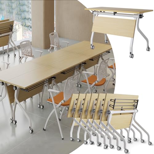 Folding Conference Table, 4.6FT 2-10 Person Large Conference Desk with Wheels, Modern Rectangle Meeting Seminar Training Room Table for Office Classrooms (Natural 6PCS) von Widppsopt