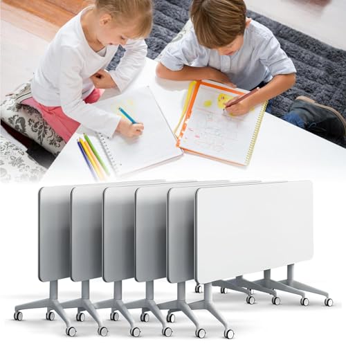 Folding Conference Table, White Flip Top Mobile Training Desk with Silent Wheels, Flip Top Large Rectangular Meeting Seminar Desk with Strong Metal Legs for Home Office Classr Folding Conference Table, White Flip Top Mobile Training Desk with Silent Wheels, Flip Top Large Rectangular Meeting Seminar Desk with Strong Metal Legs for Home Office Classr von Widppsopt