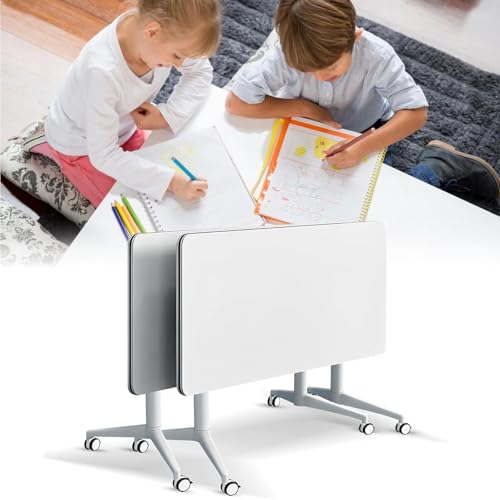 Folding Conference Table, White Flip Top Mobile Training Desk with Silent Wheels, Flip Top Large Rectangular Meeting Seminar Desk with Strong Metal Legs for Home Office Classr von Widppsopt