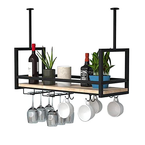 Hängendes Weinregal mit Glashalter und Ablage, Weinglasregal aus Metall für die Deckenstange, einlagiges industrielles Weinregal zur Wandmontage mit Geländer (Farbe: Schwarz, Größenbezeichnu Hängendes Weinregal mit Glashalter und Ablage, Weinglasregal aus Metall für die Deckenstange, einlagiges industrielles Weinregal zur Wandmontage mit Geländer (Farbe: Schwarz, Größenbezeichnu von Widppsopt