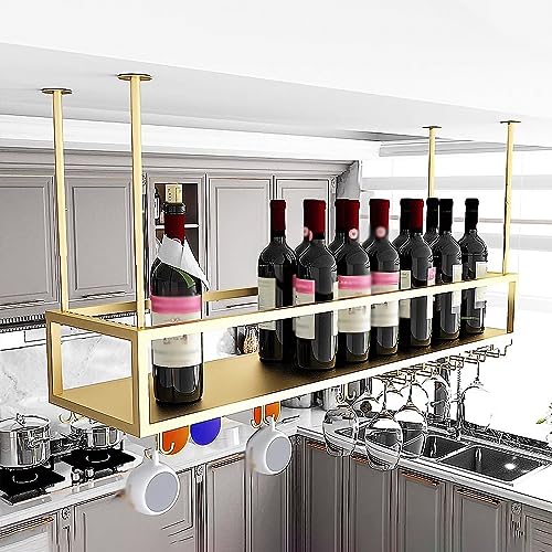 Hängendes Weinregal mit Glashalter und Ablage, verstellbares Weinglasregal aus Metall für die Decke, industrieller hängender Weinflaschenhalter, für Bar, Café, Küche (Farbe: Gold, Größenbeze Hängendes Weinregal mit Glashalter und Ablage, verstellbares Weinglasregal aus Metall für die Decke, industrieller hängender Weinflaschenhalter, für Bar, Café, Küche (Farbe: Gold, Größenbeze von Widppsopt