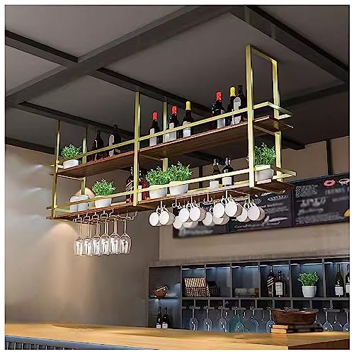 Industrielles, an der Decke hängendes Weinregal mit Glashalter und Ablage, 2-stöckiges Weinflaschenregal aus Holz, multifunktionales Weinaufbewahrungs-Präsentationsregal (Farbe: Gold, Größen Industrielles, an der Decke hängendes Weinregal mit Glashalter und Ablage, 2-stöckiges Weinflaschenregal aus Holz, multifunktionales Weinaufbewahrungs-Präsentationsregal (Farbe: Gold, Größen von Widppsopt