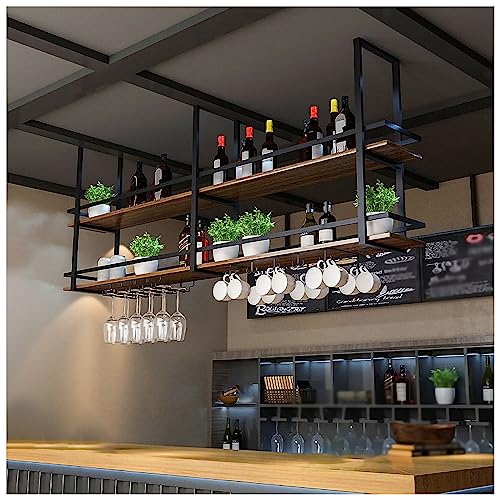 Industrielles, an der Decke hängendes Weinregal mit Glashalter und Ablage, 2-stöckiges Weinflaschenregal aus Holz, multifunktionales Weinaufbewahrungs-Präsentationsregal (Farbe: Schwarz, Grö Industrielles, an der Decke hängendes Weinregal mit Glashalter und Ablage, 2-stöckiges Weinflaschenregal aus Holz, multifunktionales Weinaufbewahrungs-Präsentationsregal (Farbe: Schwarz, Grö von Widppsopt