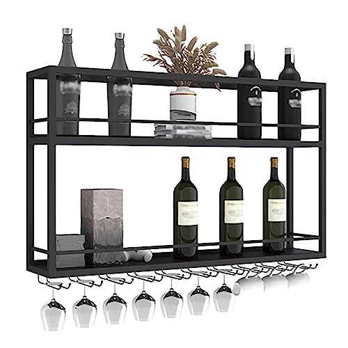 Industrielles, an der Wand montiertes Weinregal, 2-lagiges Weinflaschenregal aus Holz mit Geländer und Glashalter, multifunktionales Weinaufbewahrungs-Präsentationsregal (Farbe: Schwarz, Grö von Widppsopt