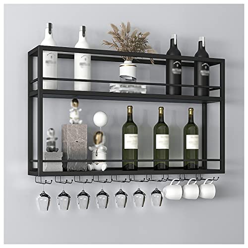 Industrielles Weinregal zur Wandmontage, 2-stöckiges Weinflaschenregal aus Holz mit Glashaltern, Lagerregal/Dekoratives Regal aus Massivholz für Wohnzimmer und Küche (Farbe: Schwarz, Größenb Industrielles Weinregal zur Wandmontage, 2-stöckiges Weinflaschenregal aus Holz mit Glashaltern, Lagerregal/Dekoratives Regal aus Massivholz für Wohnzimmer und Küche (Farbe: Schwarz, Größenb von Widppsopt