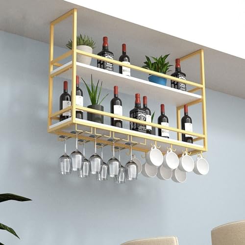 Weinglasregal an der Decke, hängendes Weinregal mit Glashalter und Ablage, 2-lagiger industrieller hängender Weinflaschenhalter, schwebendes Regal für die Dekoration von Bars, Cafés und Küch von Widppsopt