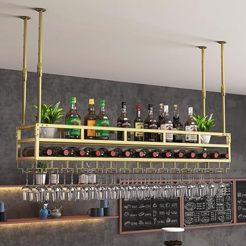 Weinglasregal an der Decke, hängendes Weinregal mit Glashalter und Ablage, höhenverstellbarer Weinflaschenhalter aus Metall, Kelch- und Stielglasregale, schwebendes Dekorregal für die Bar, C von Widppsopt