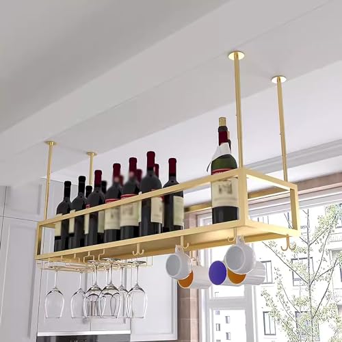 Weinregal zur Deckenmontage mit Glashalter, höhenverstellbares Weinregal aus Metall zum Aufhängen, Decken-Weinglasregal, für Bar, Café, Küche (Farbe: Gold, Größenbezeichnung: 100 x 25 x 80 c Weinregal zur Deckenmontage mit Glashalter, höhenverstellbares Weinregal aus Metall zum Aufhängen, Decken-Weinglasregal, für Bar, Café, Küche (Farbe: Gold, Größenbezeichnung: 100 x 25 x 80 c von Widppsopt