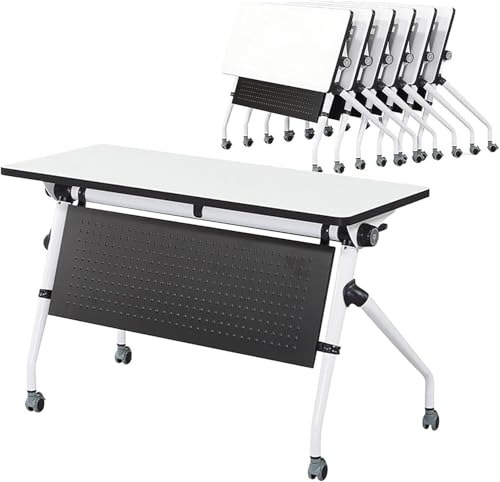 White Folding Conference Table with Flip Top Large Mobile Training Table on Wheels for Office Meeting Room and Classroom(140cm) von Widppsopt
