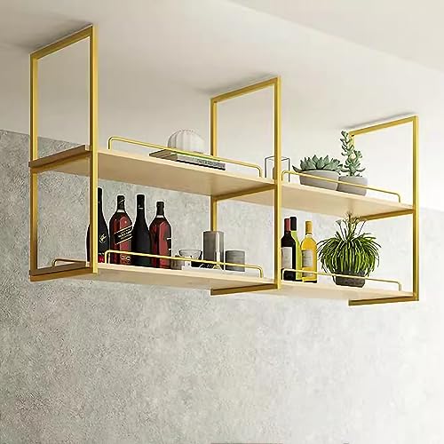 Widppsopt 2-lagiges Deckenregal, industrielle Hängeregale, schwebende Küchenregale, hängendes Holzregal mit Geländer, dekoratives Präsentationsregal (Farbe: Gold, Größenbezeichnung: 80 x 30 x 80 cm) von Widppsopt