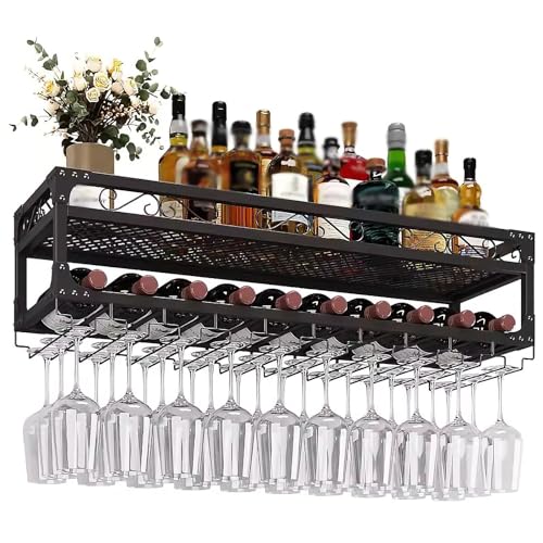 Widppsopt An der Wand montiertes Weinregal mit Glashalter, hängendes Weinglasregal, Weinflaschenhalter aus Metall, Weinaufbewahrungs-Präsentationsregal, für Zuhause, Bar, Küche, Esszimmer Widppsopt An der Wand montiertes Weinregal mit Glashalter, hängendes Weinglasregal, Weinflaschenhalter aus Metall, Weinaufbewahrungs-Präsentationsregal, für Zuhause, Bar, Küche, Esszimmer von Widppsopt