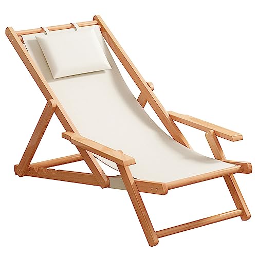 Widppsopt Chaiselongue-Stühle für den Außenbereich, 2er-Set Terrassenliegen mit 4-Fach Verstellbarer Rückenlehne und Armlehne aus Baumwollleinengewebe, Liegestuhl aus Holz für Strand, Pool, Balkon von Widppsopt