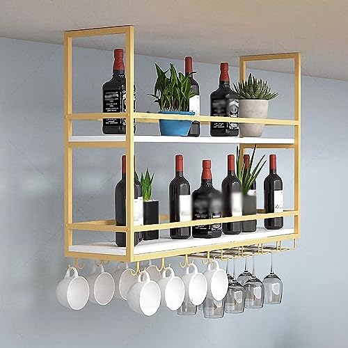 Widppsopt Deckenregal, hängendes Weinregal mit Glashalter und Geländer, 2-lagiges Lagerregal für Weinflaschenhalter aus Holz, Organizer-Regal für die Bar, Café, Küche von Widppsopt