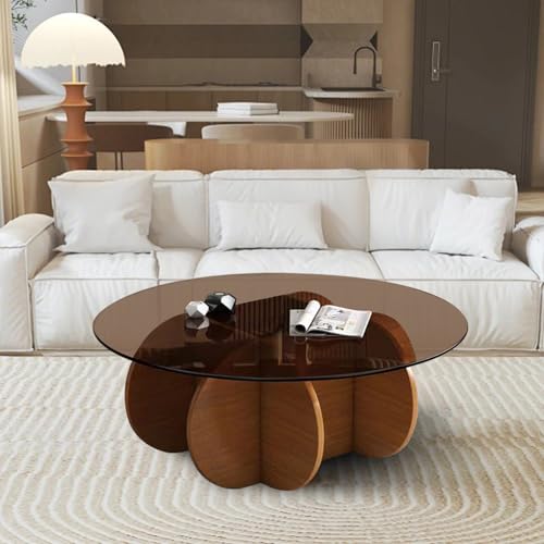 Widppsopt Runder Couchtisch, glastisch Wohnzimmer Massivholzsockel und transparente Tischplatte aus gehärtetem Glas, Easy Assembly, Modern Style, Terrasse, 80 cm von Widppsopt
