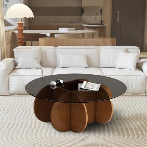 Widppsopt Runder Couchtisch, glastisch Wohnzimmer Massivholzsockel und transparente Tischplatte aus gehärtetem Glas, Easy Assembly, Modern Style, Terrasse, 80 cm von Widppsopt
