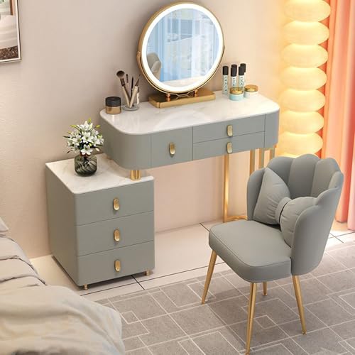 Widppsopt Schminktische,Schminktisch Set mit Spiegel and Stuhl,Kosmetiktisch Frisiertisch Wohnzimm Mädchen,Glas-/Stein-Arbeitsplatten, ‌6 Schubladen für Tochter und Frau von Widppsopt