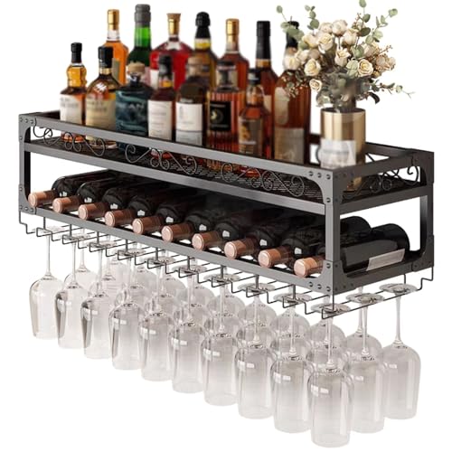 Widppsopt Wandmontiertes Weinregal, 2-lagiger Weinflaschenhalter aus Metall mit Glashalter, Weinglasregal, für Zuhause, Bar, Esszimmer, Küche (Farbe: Schwarz, Größenbezeichnung: 60 x 30 x 27 cm) von Widppsopt