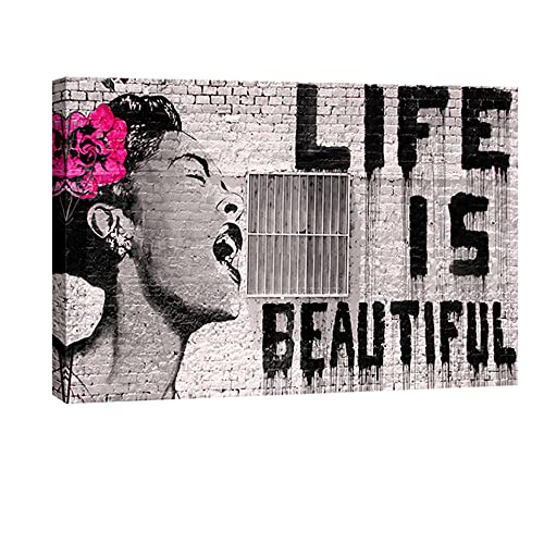 Wieco Art Banksy "Life is Beautiful", moderne Galerie, eingewickelt in Grau, abstrakte Kunstwerke, Gemälde, große Giclée-Kunstdrucke auf Leinwand, Wandkunst, fertig zum Aufhängen, Büro, Dekoration von Wieco Art