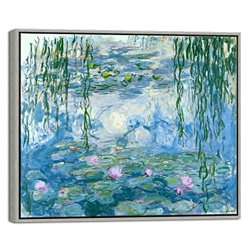 Wieco Art Gerahmte Wandkunst Seerosen von Claude Monet Leinwanddruck Gemälde Reproduktion Moderne Leinwand Wandkunst für Zuhause und Büro Dekoration Abstraktes Kunstwerk Silberrahmen von Wieco Art