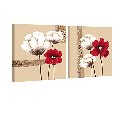 Wieco Art Kunstdruck, Motiv: rote und weiße Blumen, modern, gerahmt, Giclée, Leinwanddrucke, 2-teilig, Stil: abstraktes Ölgemälde mit Blumenmotiv, Bilder/ Foto auf Leinwand gedruckt, Wandkunst für Schlafzimmer, Heimdekoration, canvas, rot / weiß, 12x12inchx2pcs von Wieco Art