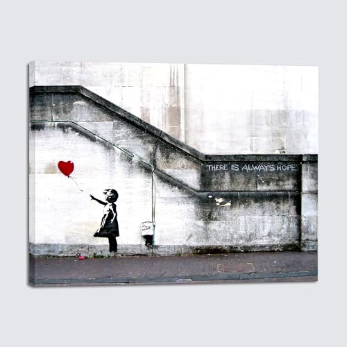 Wieco Art Kunstdruck auf Leinwand, Motiv Banksy Grafitti Mädchen mit rotem Luftballon grau Liebe Bilder für Wohnzimmer Schlafzimmer Home Dekoration, modern gespannt und gerahmt, Giclée-Kunstwerk von Wieco Art