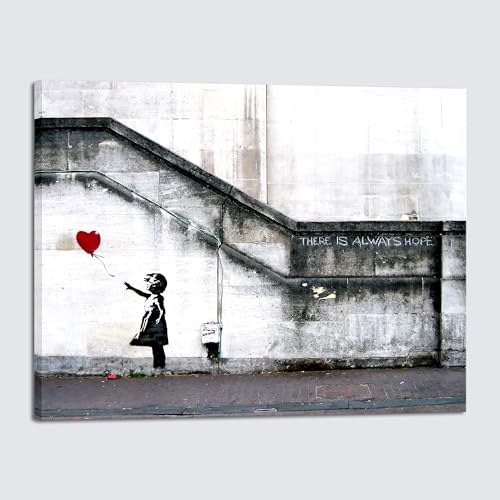 Wieco Art Kunstdruck auf Leinwand, Motiv: Banksy Grafitti Mädchen mit rotem Luftballon, Grau, schwarzer Rahmen, Dekoration für Wohn-, Schlafzimmer, rot, 32x24inch (80x60cm) von Wieco Art