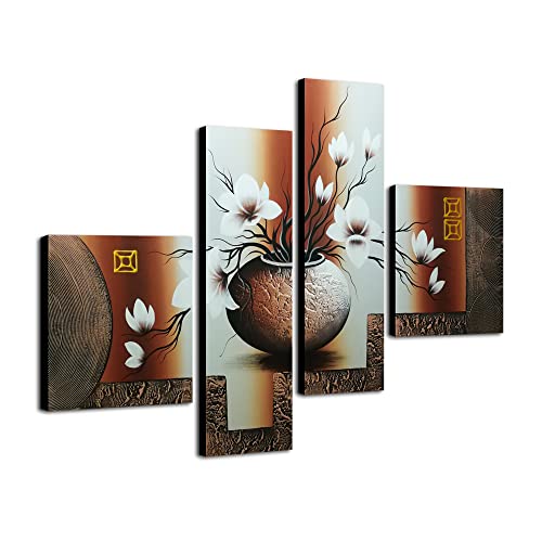 Wieco Art Leinwandbild, gespannt und gerahmt, 100% handgemalt, Heim-Dekoration, Blumen, öl-Gemälde auf Leinwand, 4-er Set, canvas, multi, 12x12inchx2pcs,8x24inchx2pcs von Wieco Art